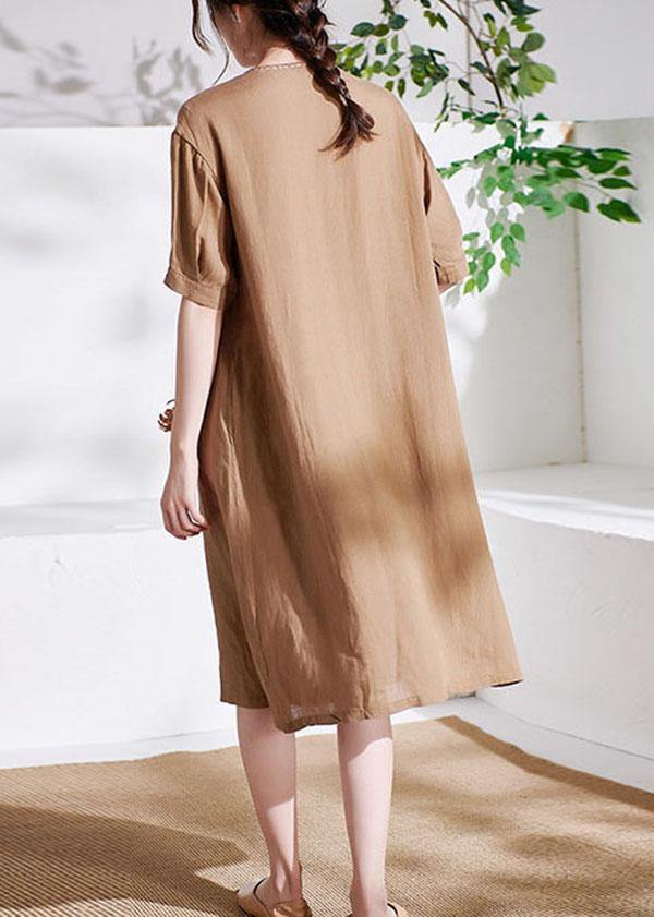 Casual Apricot V Neck lantern Sleeve Summer Linen Sundress Half Sleeve - SooLinen