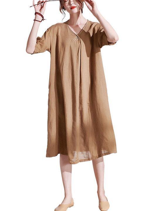 Casual Apricot V Neck lantern Sleeve Summer Linen Sundress Half Sleeve - SooLinen