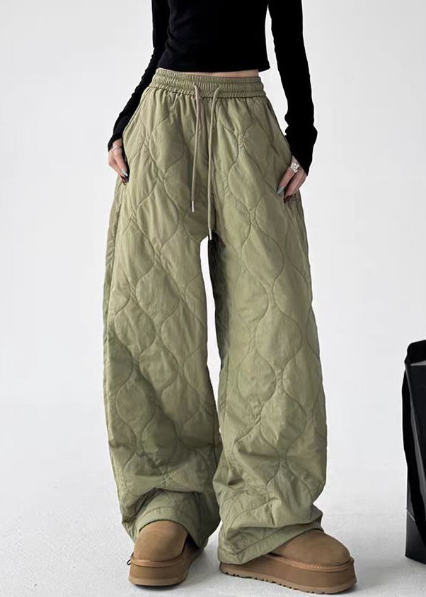 Pantalones casuales de algodón con cintura elástica y bolsillos verde militar para invierno
