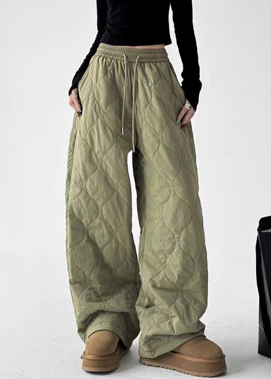 Pantalones casuales de algodón con cintura elástica y bolsillos verde militar para invierno