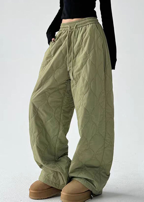 Pantalones casuales de algodón con cintura elástica y bolsillos verde militar para invierno