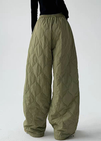Pantalones casuales de algodón con cintura elástica y bolsillos verde militar para invierno