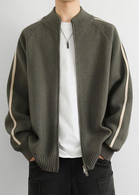 Casual Army Green Zip Up Striped Thick Knit Men Sweater