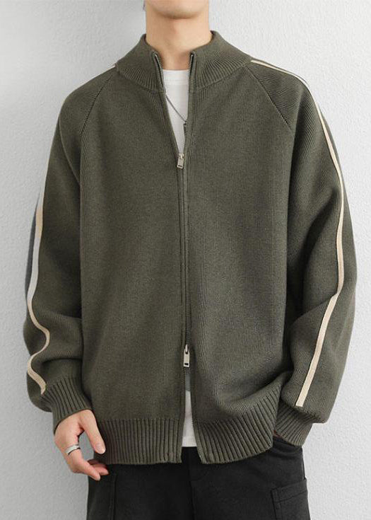 Casual Army Green Zip Up Striped Thick Knit Men Sweater