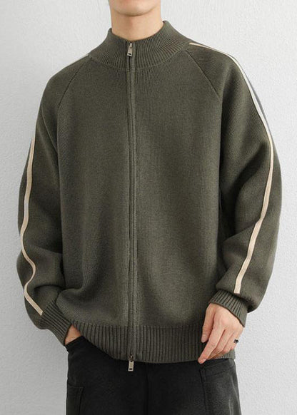 Casual Army Green Zip Up Striped Thick Knit Men Sweater