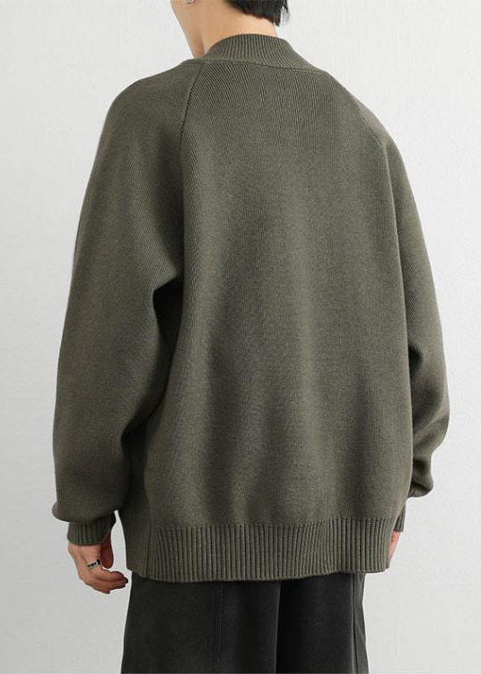 Casual Army Green Zip Up Striped Thick Knit Men Sweater