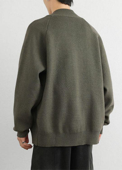 Casual Army Green Zip Up Striped Thick Knit Men Sweater