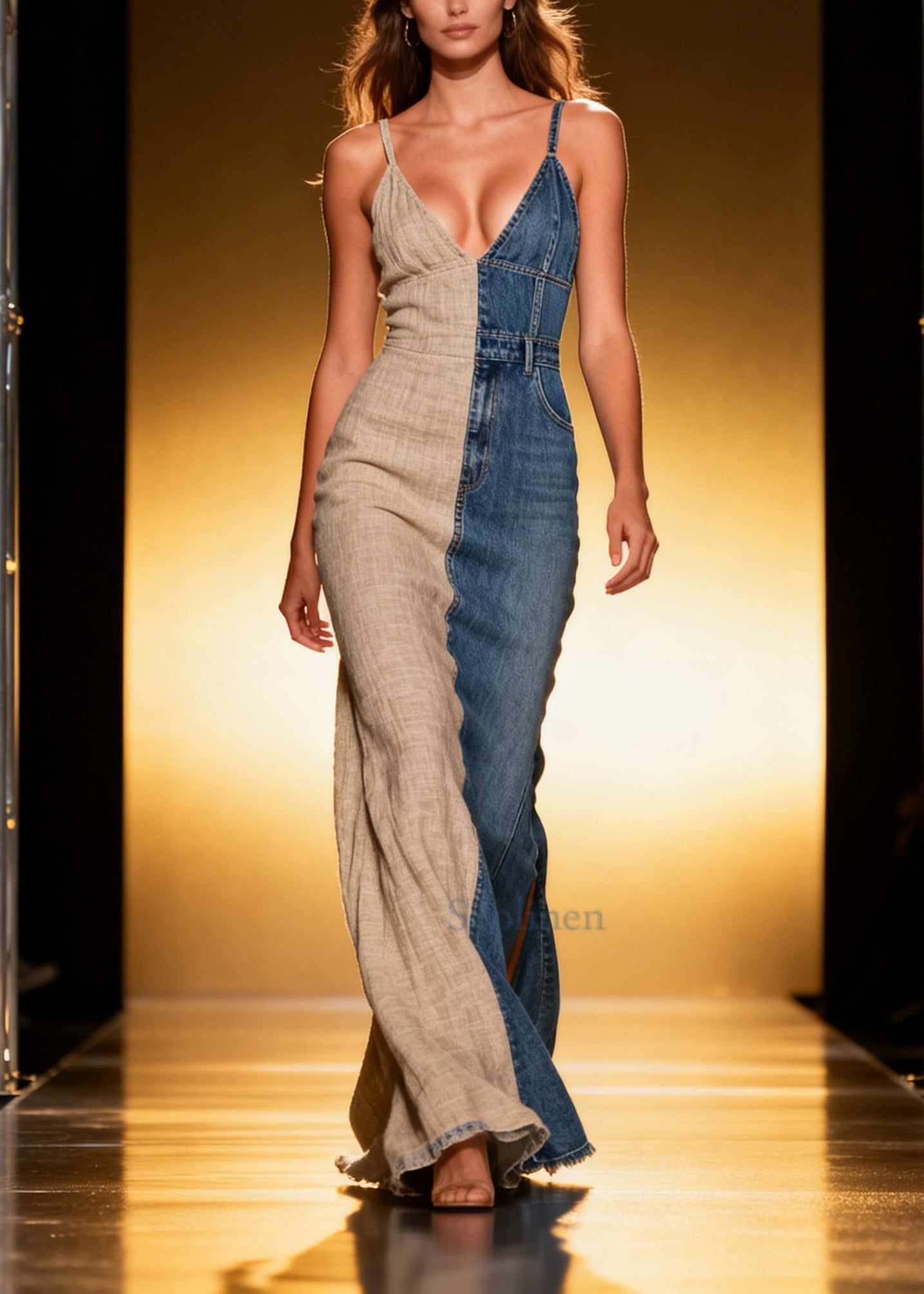 Casual Asymmetrical Denim Patchwork Linen Sundress Summer