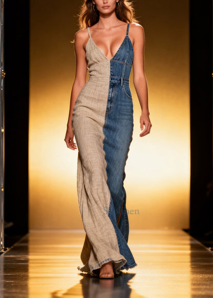 Casual Asymmetrical Denim Patchwork Linen Sundress Summer
