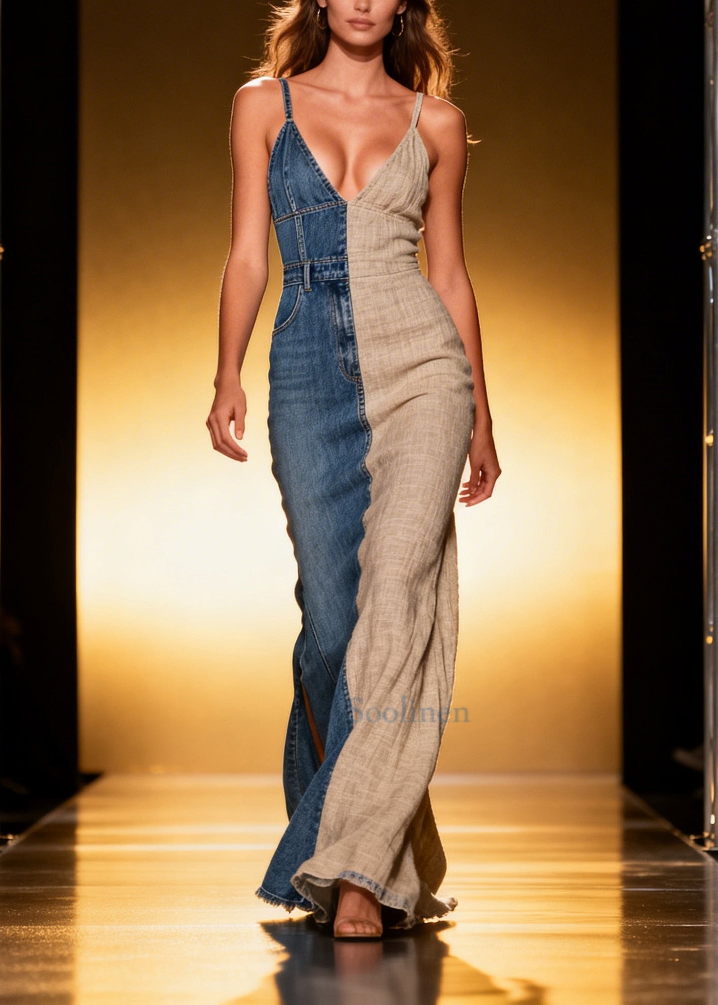 Casual Asymmetrical Denim Patchwork Linen Sundress Summer