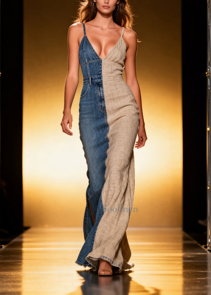 Casual Asymmetrical Denim Patchwork Linen Sundress Summer