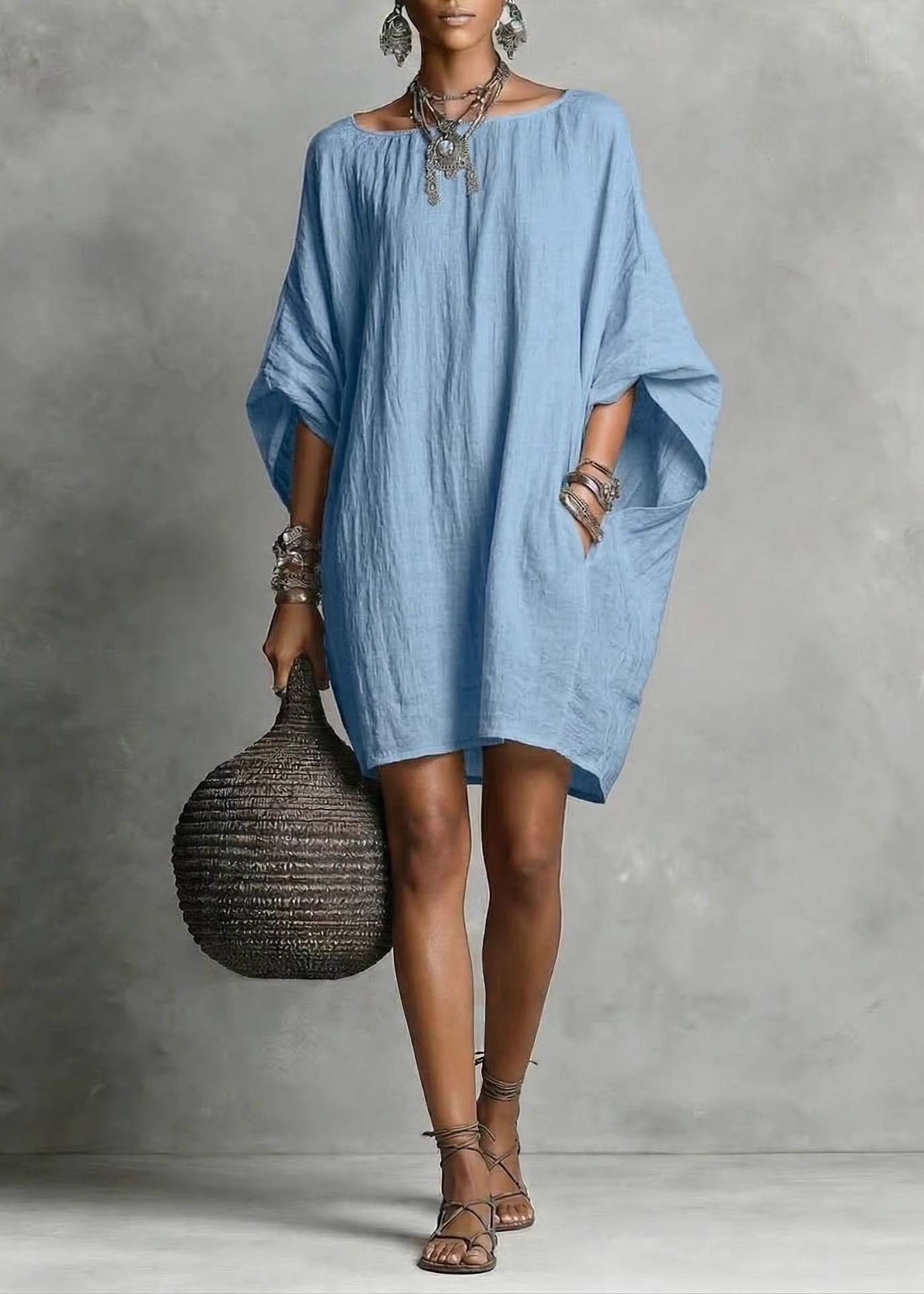Casual Baby Blue Oversized Cotton Mid Dress Batwing Sleeve