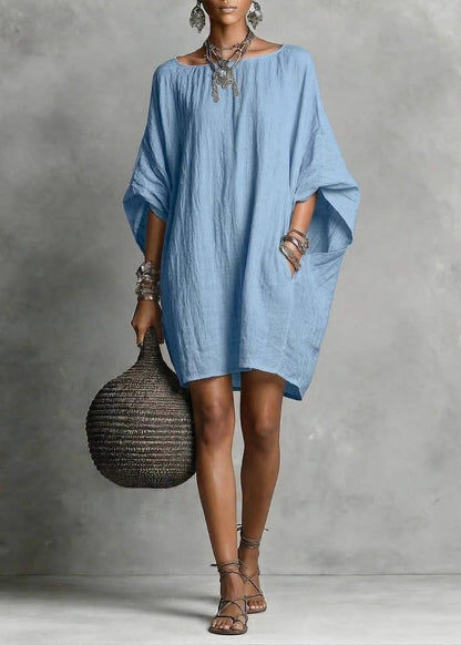 Casual Baby Blue Oversized Cotton Mid Dress Batwing Sleeve