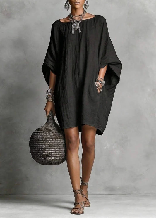 Casual Baby Blue Oversized Cotton Mid Dress Batwing Sleeve