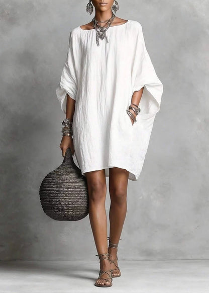 Casual Baby Blue Oversized Cotton Mid Dress Batwing Sleeve