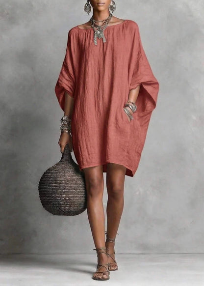 Casual Baby Blue Oversized Cotton Mid Dress Batwing Sleeve