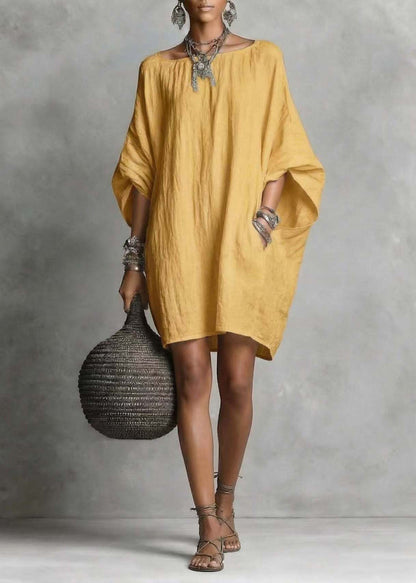 Casual Baby Blue Oversized Cotton Mid Dress Batwing Sleeve