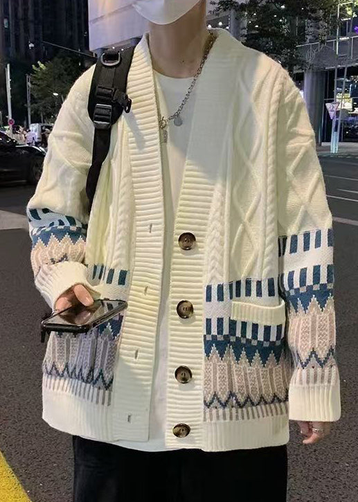 Casual Beige Button Pockets Knitted Cotton Mens Coats Winter
