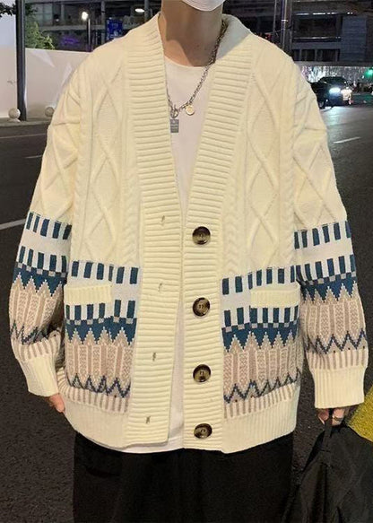 Casual Beige Button Pockets Knitted Cotton Mens Coats Winter