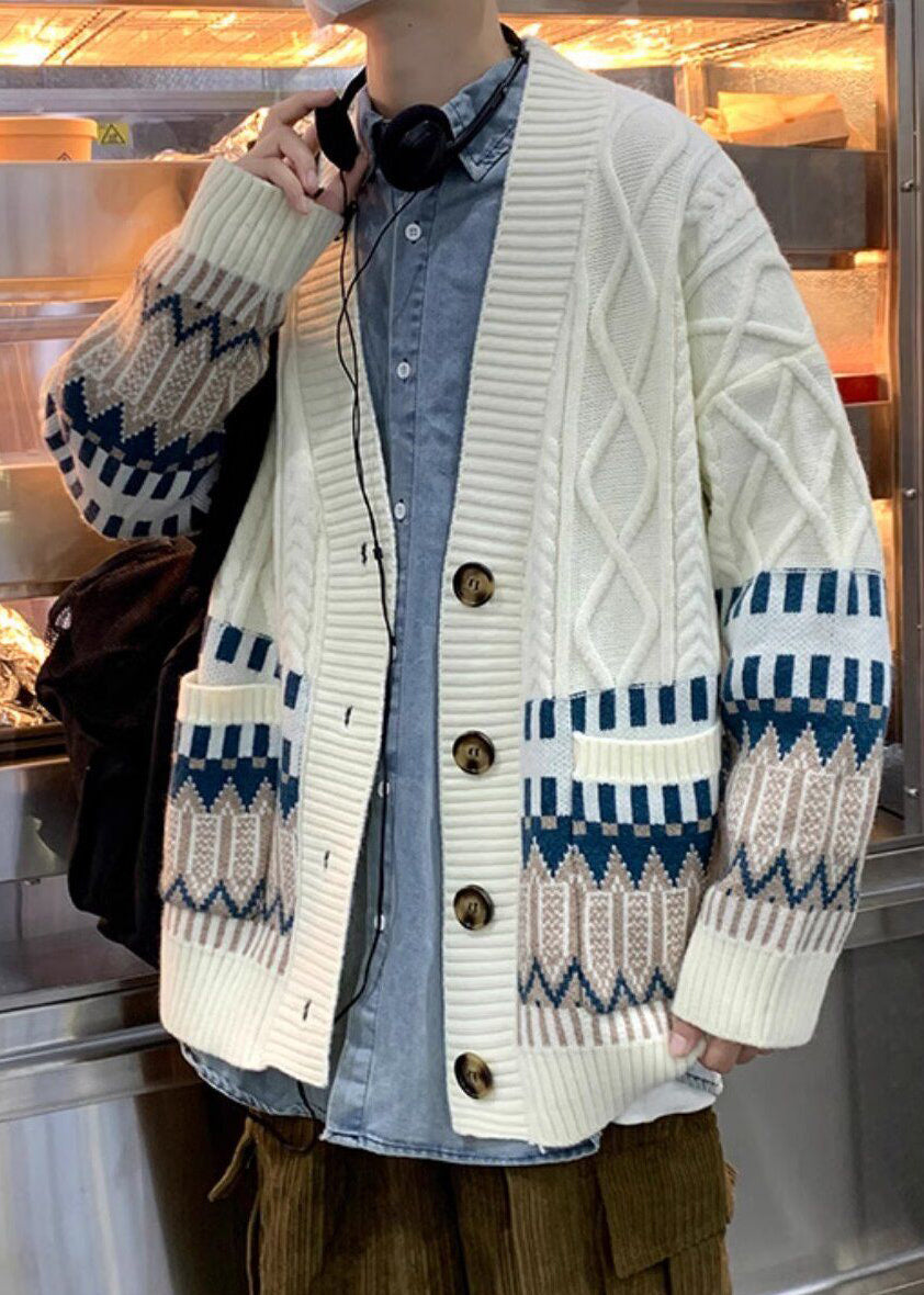 Casual Beige Button Pockets Knitted Cotton Mens Coats Winter