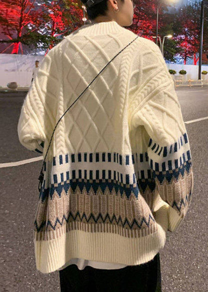 Casual Beige Button Pockets Knitted Cotton Mens Coats Winter