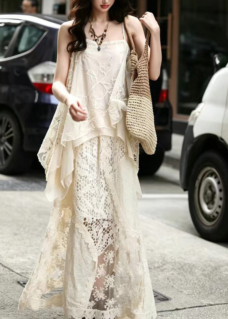 Casual Beige Jacquard Asymmetrical Patchwork Lace Two Piece Suit Set Summer