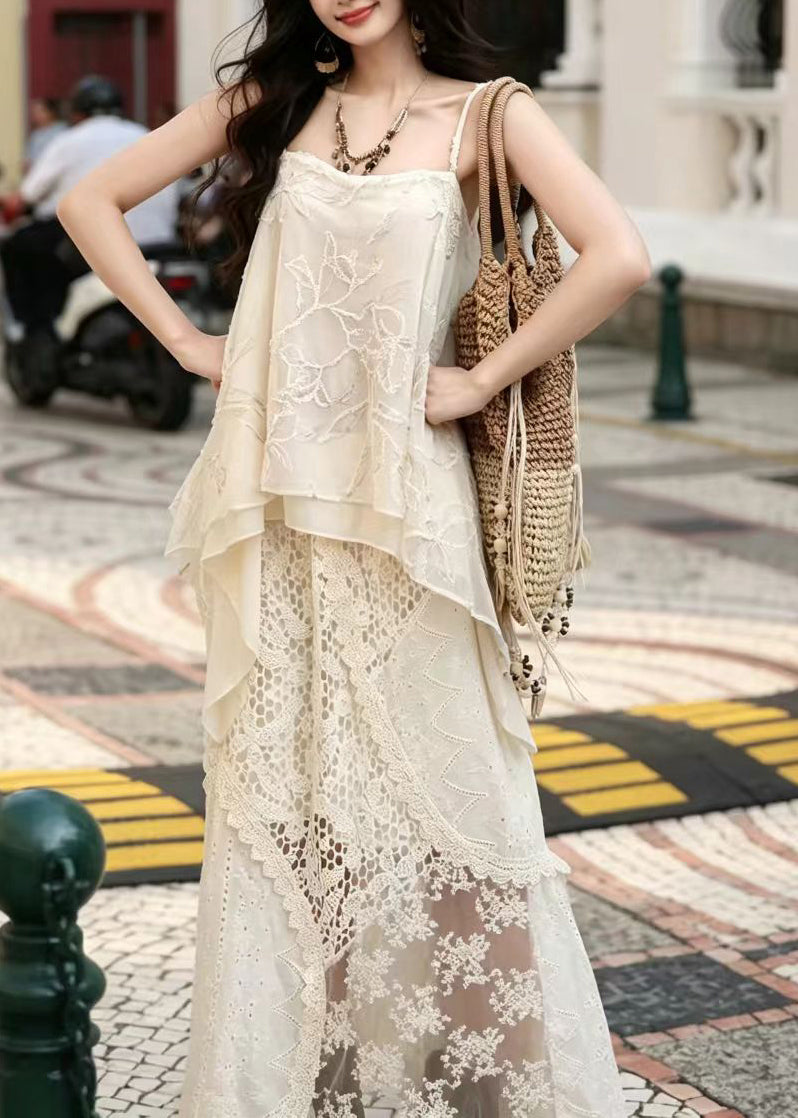Casual Beige Jacquard Asymmetrical Patchwork Lace Two Piece Suit Set Summer
