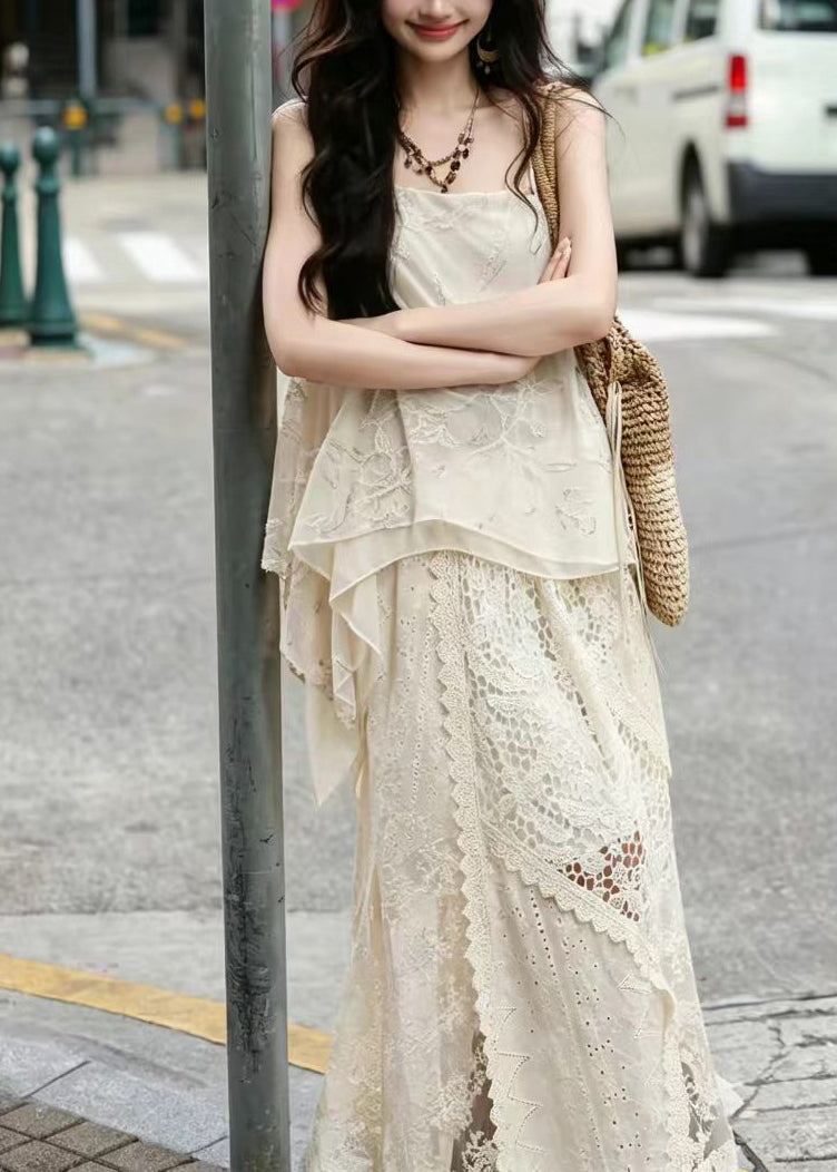 Casual Beige Jacquard Asymmetrical Patchwork Lace Two Piece Suit Set Summer
