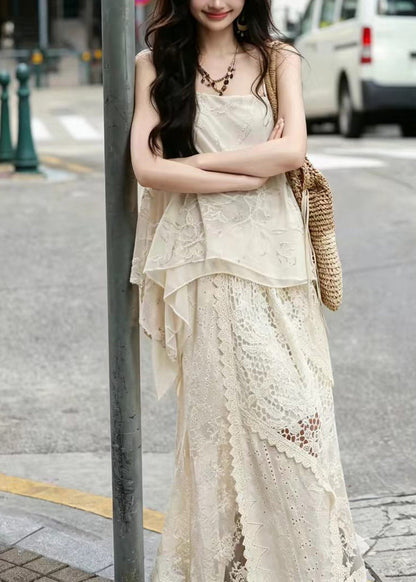 Casual Beige Jacquard Asymmetrical Patchwork Lace Two Piece Suit Set Summer