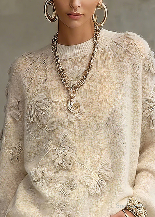 Casual Beige O-Neck Embroidered Cotton Knit Sweaters Spring