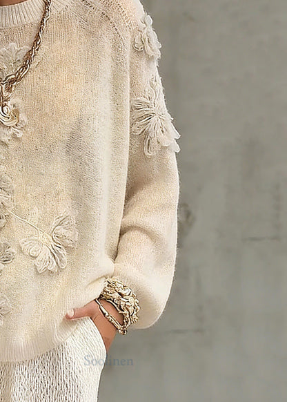 Casual Beige O-Neck Embroidered Cotton Knit Sweaters Spring