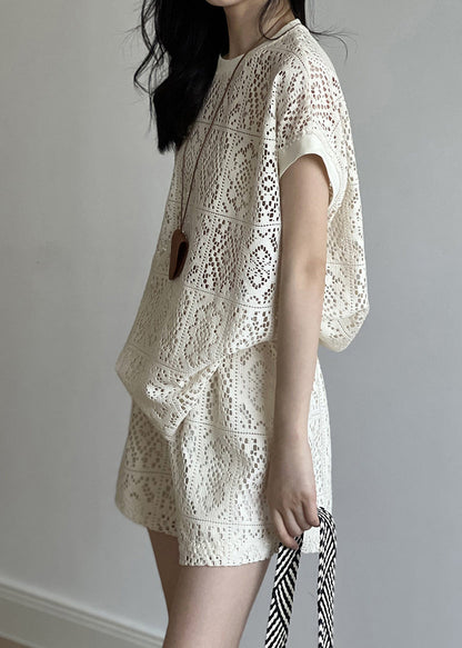 Casual Beige O-Neck Hollow Out Top And Shorts Two Pieces Set Summer