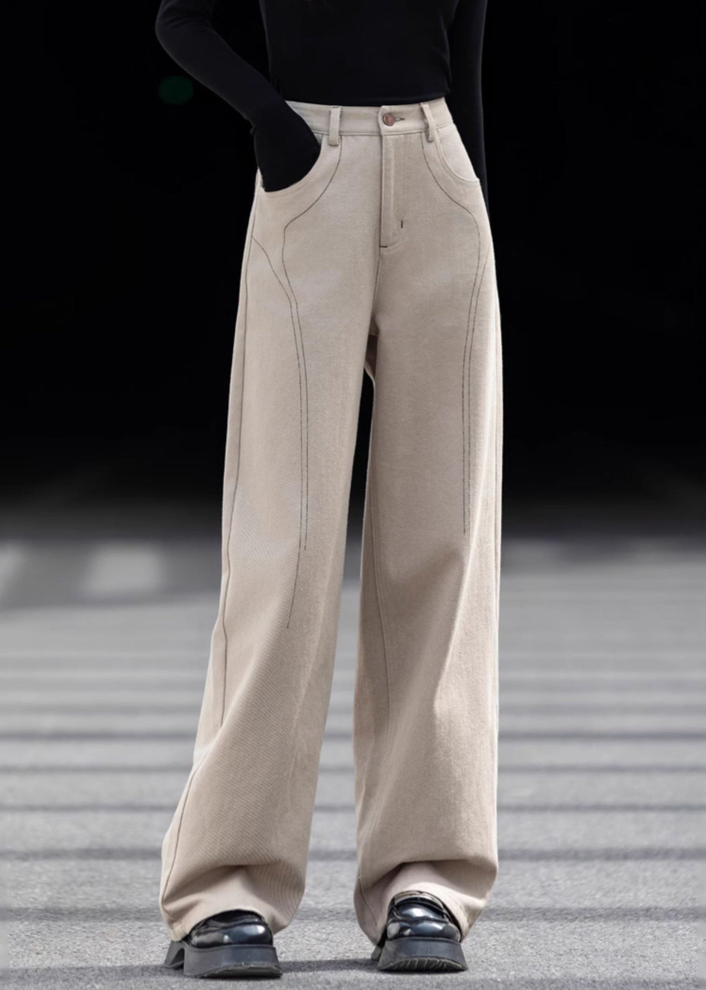Casual Beige Oversized Pockets Cotton Pants Spring