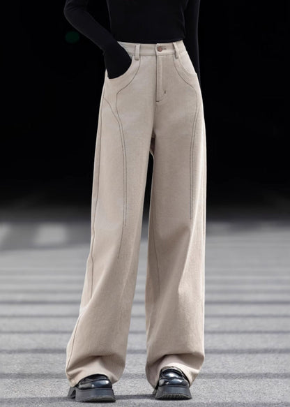 Casual Beige Oversized Pockets Cotton Pants Spring