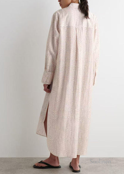 Casual Beige Oversized Print Side Open Long Shirt Dresses Spring