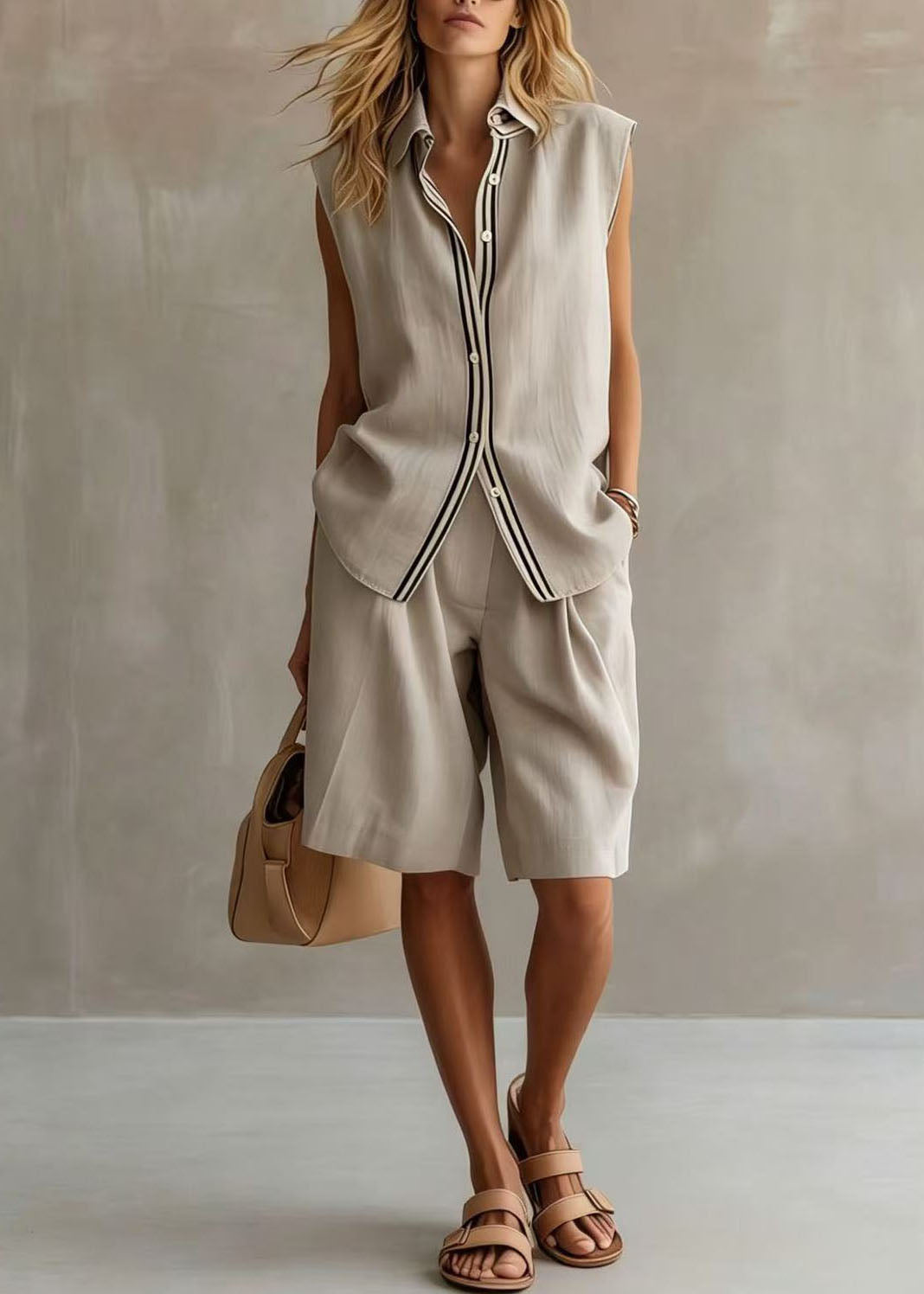 Casual Beige Peter Pan Collar Patchwork Linen Two-Piece Set Sleeveless