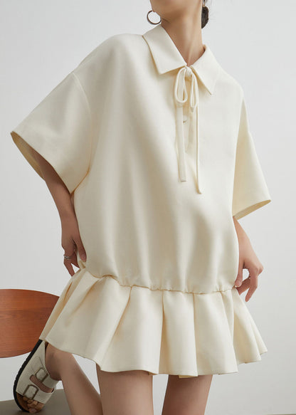 Casual Beige Peter Pan Collar Wrinkled Patchwork Cotton Dress Summer