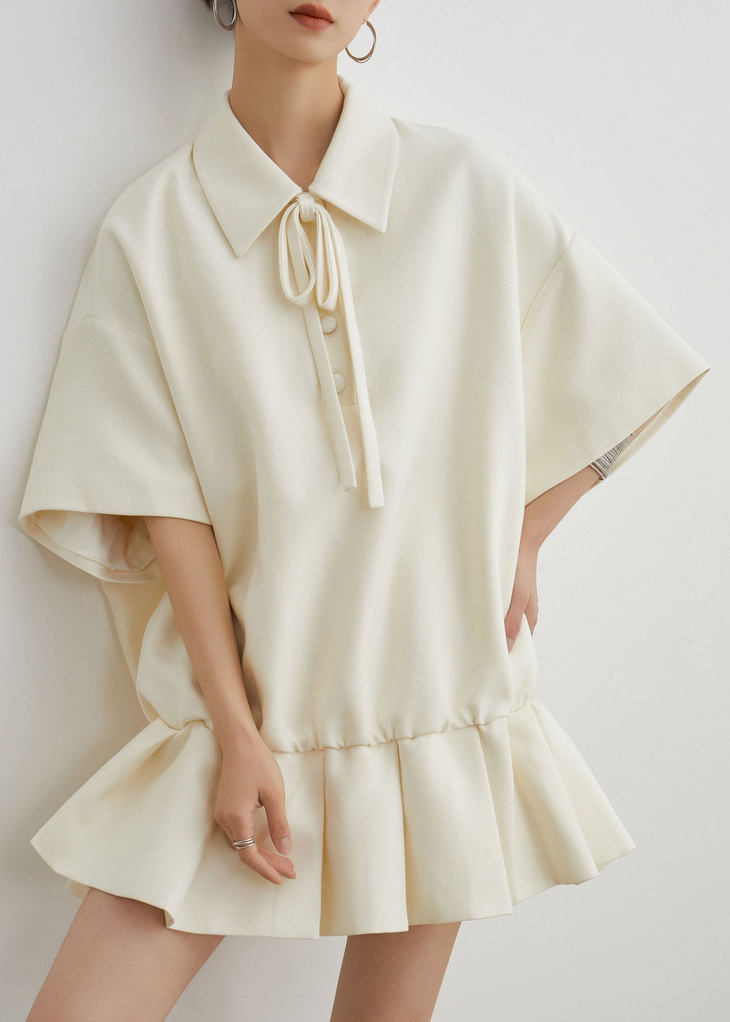 Casual Beige Peter Pan Collar Wrinkled Patchwork Cotton Dress Summer