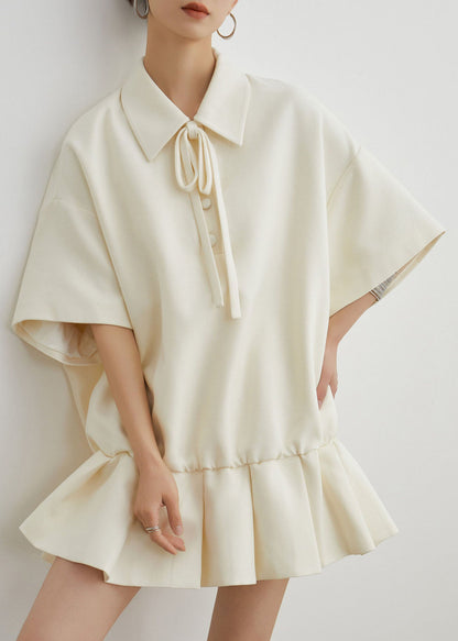 Casual Beige Peter Pan Collar Wrinkled Patchwork Cotton Dress Summer