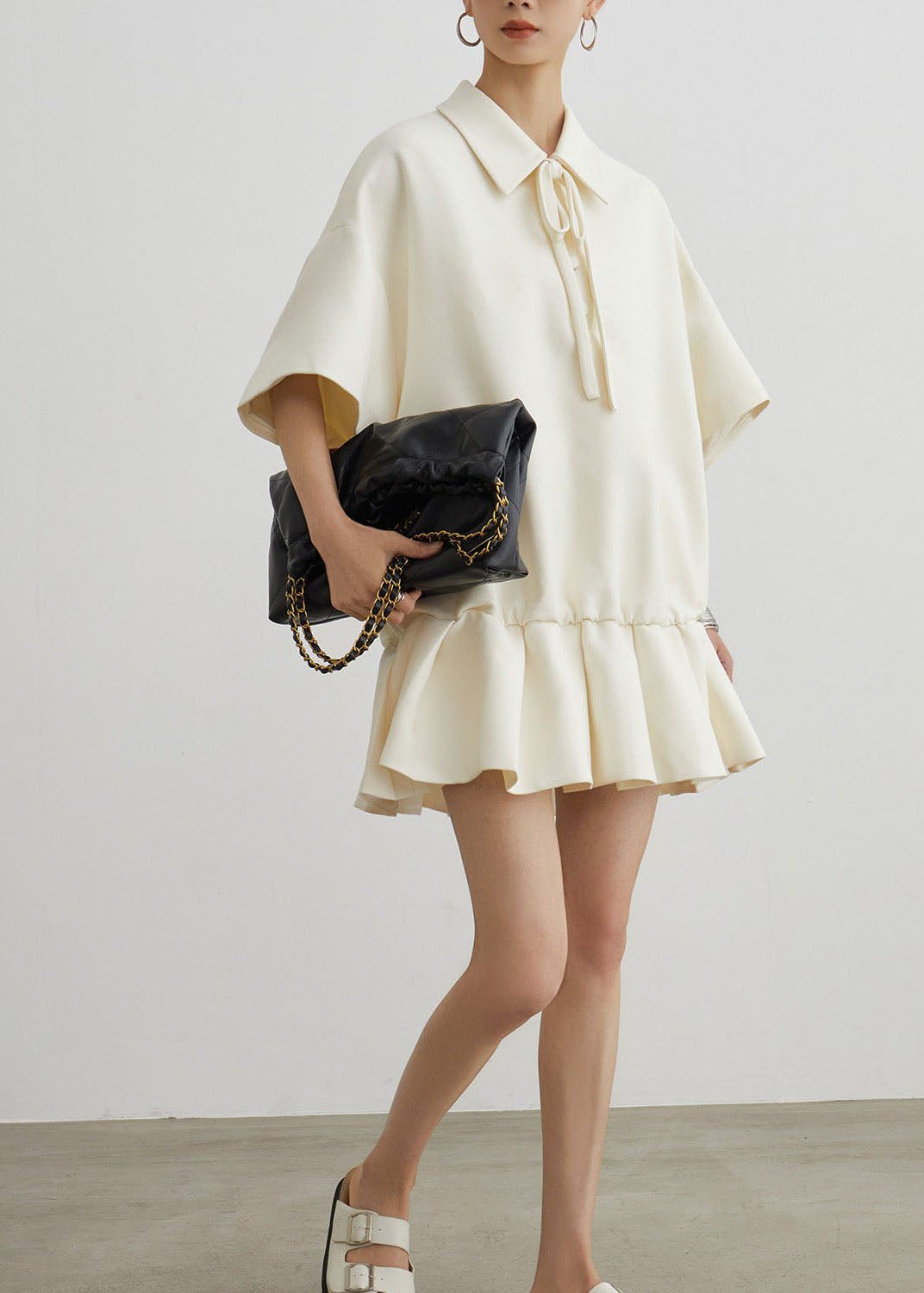 Casual Beige Peter Pan Collar Wrinkled Patchwork Cotton Dress Summer
