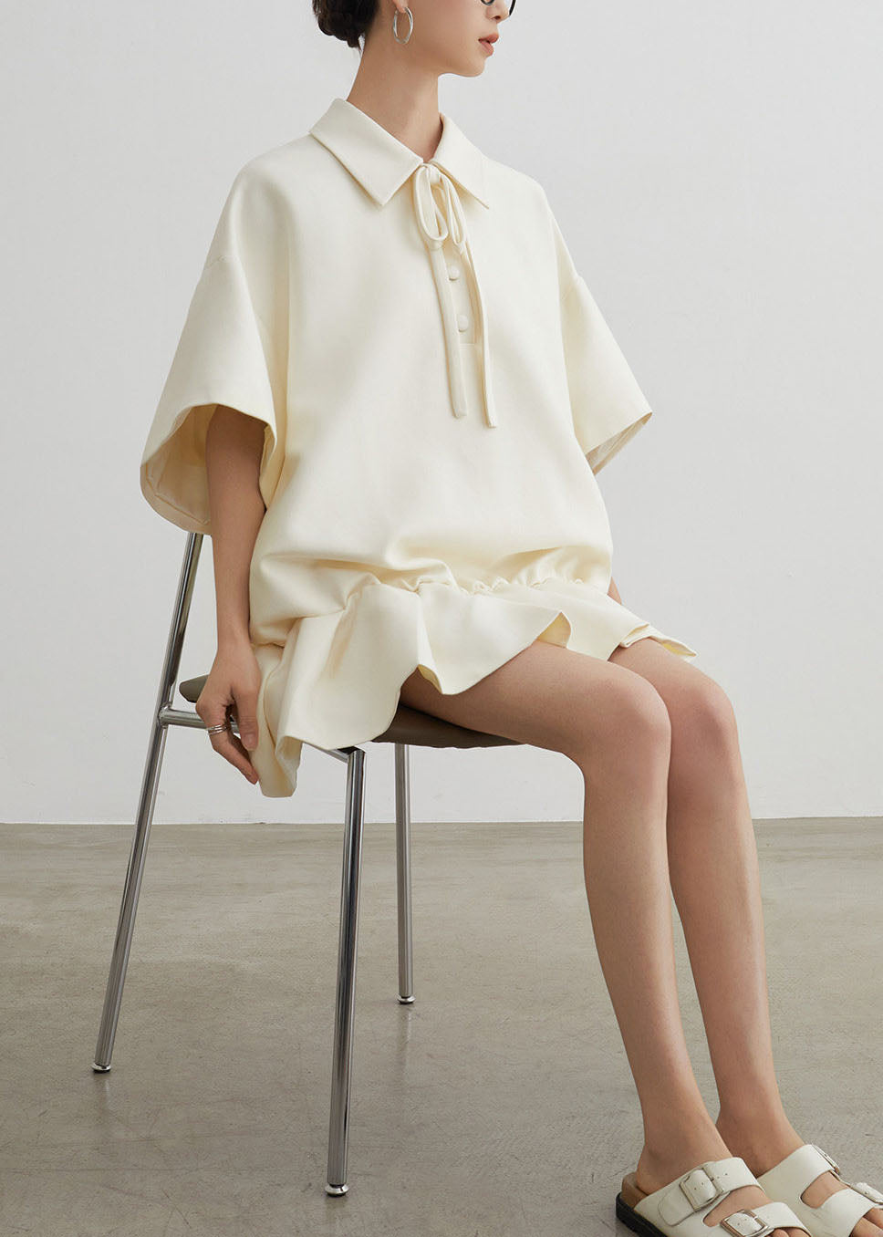 Casual Beige Peter Pan Collar Wrinkled Patchwork Cotton Dress Summer