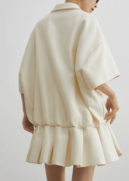 Casual Beige Peter Pan Collar Wrinkled Patchwork Cotton Dress Summer