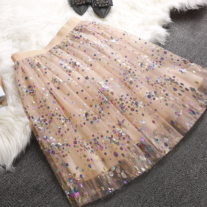 Casual Beige Sequins tulle Elastic Waist Skirts Summer
