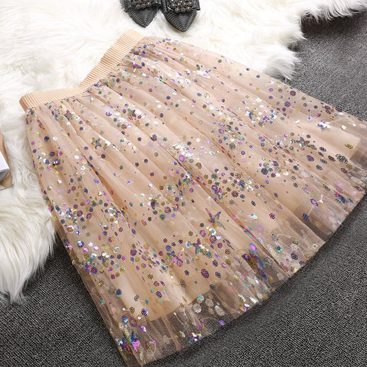 Casual Beige Sequins tulle Elastic Waist Skirts Summer
