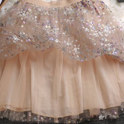 Casual Beige Sequins tulle Elastic Waist Skirts Summer