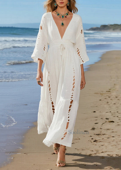 Lässige beige Baumwollkleider mit V-Ausschnitt und Cut-Outs für die Feiertage und den Frühling