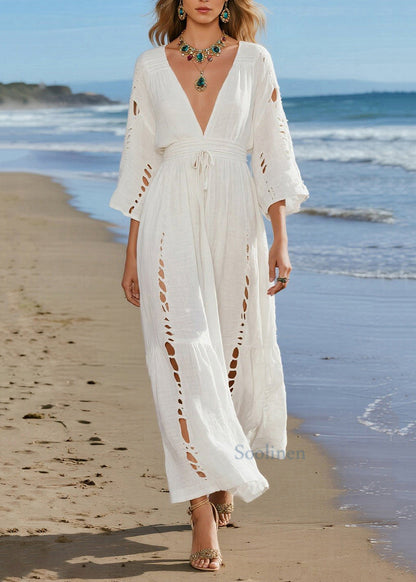 Lässige beige Baumwollkleider mit V-Ausschnitt und Cut-Outs für die Feiertage und den Frühling