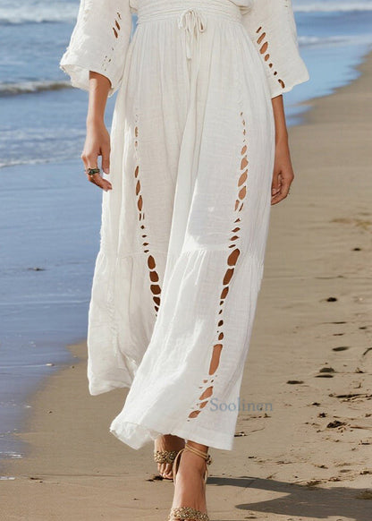 Lässige beige Baumwollkleider mit V-Ausschnitt und Cut-Outs für die Feiertage und den Frühling