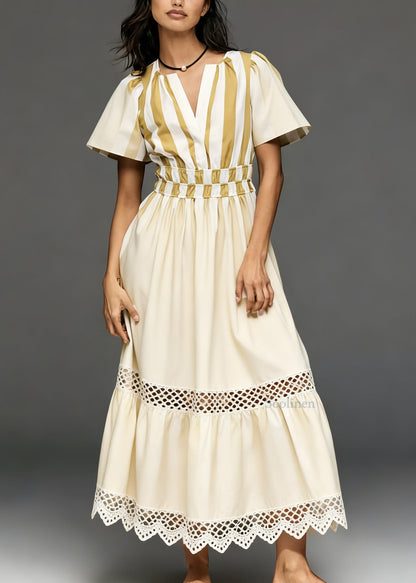 Casual Beige V Neck Hollow Out Patchwork Cotton Long Dresses Summer