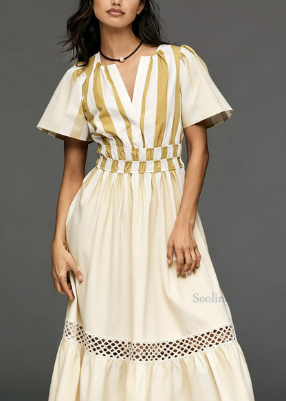 Casual Beige V Neck Hollow Out Patchwork Cotton Long Dresses Summer